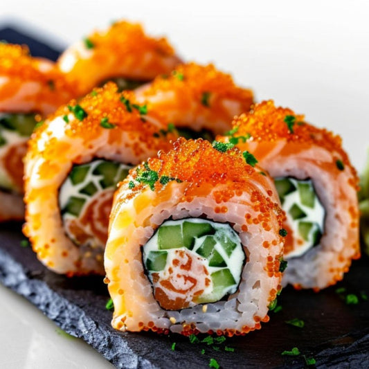 Close-up of sushi rolls topped with Tobiko Red flying fish roe, salmon, and cucumber, showcasing the vibrant orange roe and fresh ingredients
