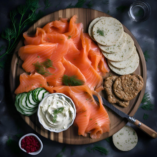 Platter of smoked salmon slices with accompaniments, ready to be served