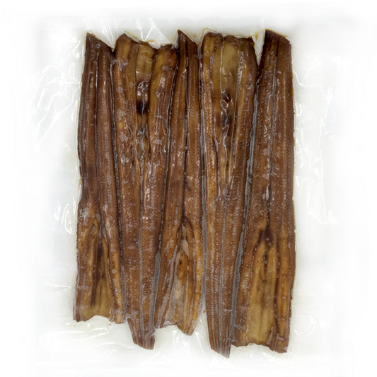 Vacuum-sealed Kabayaki Anago showcasing the rich, brown glaze, preserved freshness, and ready for quick preparation