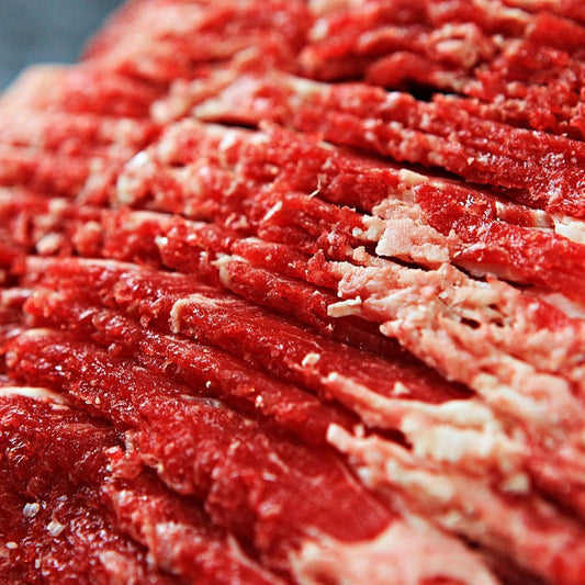 Close-up of fresh, marbled beef ribeye slices, showcasing the quality and texture ideal for high-end culinary dishes