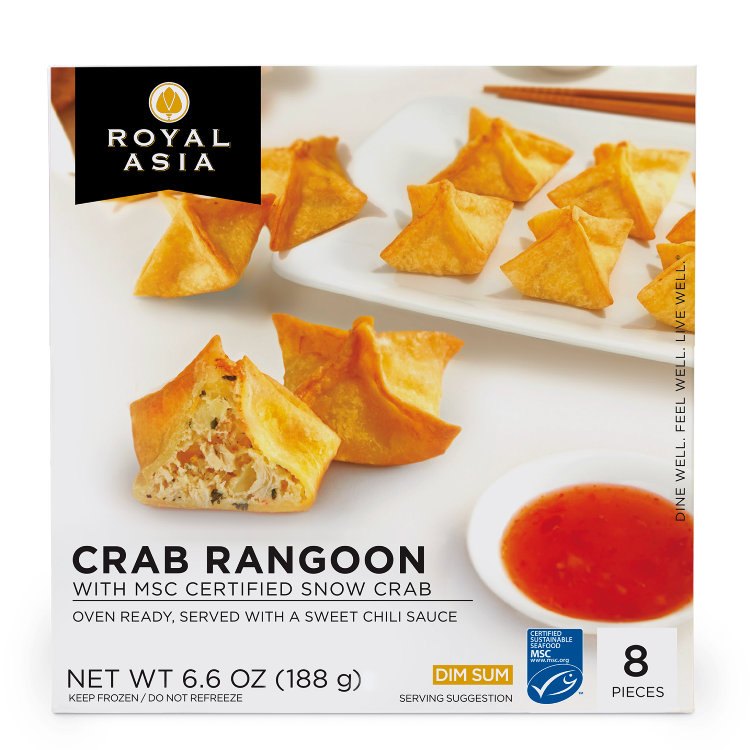Close-up of Royal Asia Crab Rangoon packaging, highlighting 8 pieces of crispy crab rangoon with MSC certified snow crab and sweet chili sauce. Ready to bake or air fry