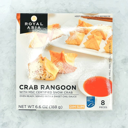 Front of Royal Asia Crab Rangoon package featuring 8 pieces of oven-ready crab rangoon with MSC certified snow crab, served with sweet chili sauce. Net weight 6.6 oz (188 g)
