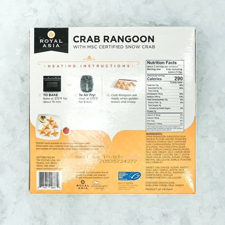 Back of Royal Asia Crab Rangoon package showing heating instructions and nutritional information. Includes baking and air frying directions, with MSC certified snow crab