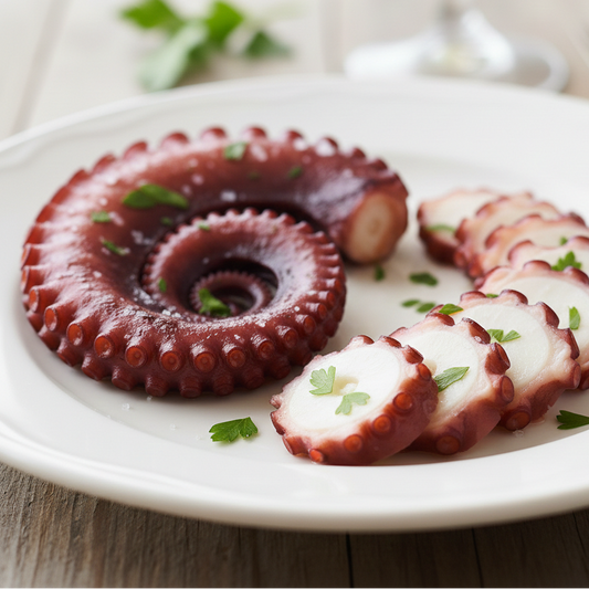 Octopus tentacles on a white plate with a blurred background