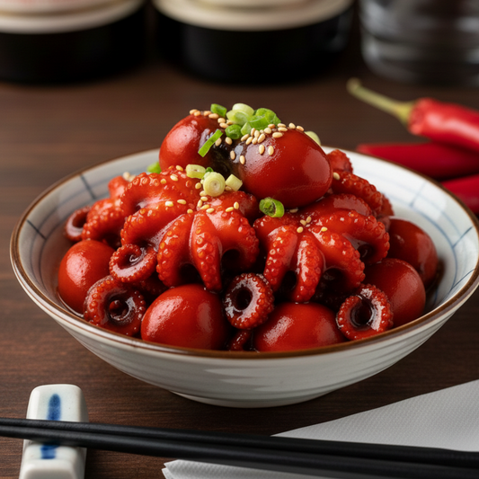 Bowl of pickled octopus with red peppers on a wooden table