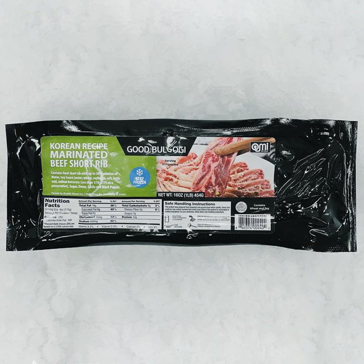 Packaging of Good Bulgogi Korean Recipe Marinated Beef Short Rib. Contains 16oz (1lb) of marinated beef short ribs, ready to cook and enjoy for a delicious Korean BBQ experience
