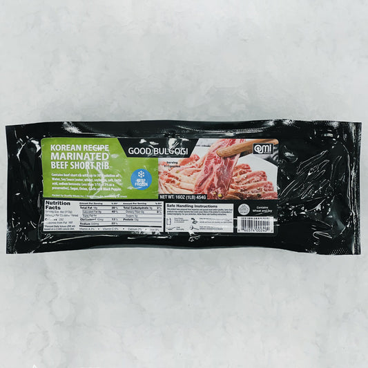 Packaging of Good Bulgogi Korean Recipe Marinated Beef Short Rib. Contains 16oz (1lb) of marinated beef short ribs, ready to cook and enjoy for a delicious Korean BBQ experience
