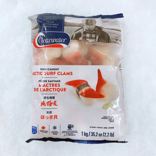 Packaged wild-caught Arctic Surf Clams (Hokkigai) from Clearwater, 1 kg bag on ice, ideal for sushi and sashimi, featuring premium quality and sustainability