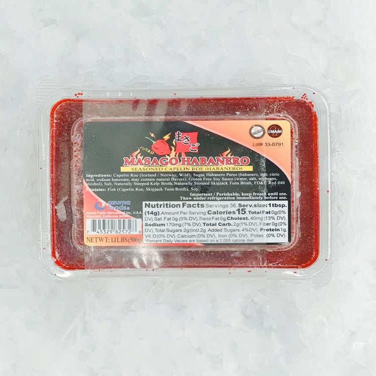 Packaged Habanero Capelin Roe showing the label and nutrition facts