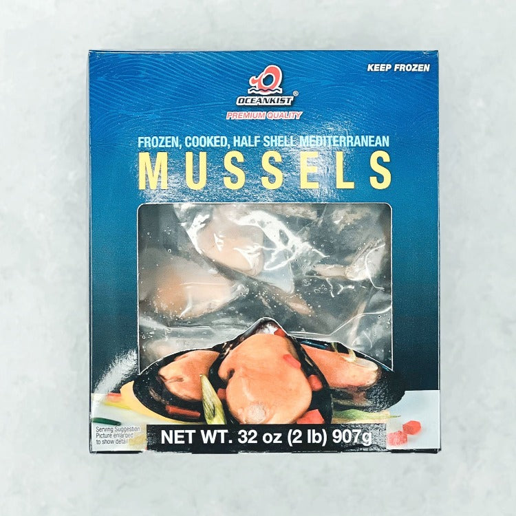 Box of frozen cooked Mediterranean mussels half shell, 32 oz (2 lb), front view