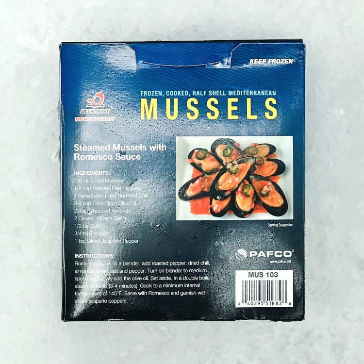 Box of frozen cooked Mediterranean mussels half shell with Romesco sauce recipe, 32 oz (2 lb)