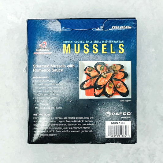 Box of frozen cooked Mediterranean mussels half shell with Romesco sauce recipe, 32 oz (2 lb)