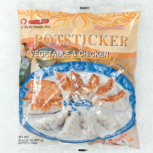 Front packaging of O'Tasty Potsticker Vegetable & Chicken, showing a serving suggestion with golden-brown potstickers on a blue and white plate