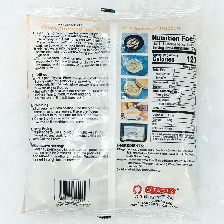 Back packaging of O'Tasty Potsticker Vegetable & Chicken, displaying cooking instructions, nutritional information, and ingredients list