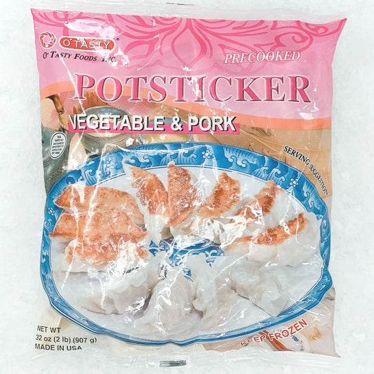 Front packaging of O'Tasty Potsticker Vegetable & Pork, showing a serving suggestion with golden-brown potstickers on a blue and white plate