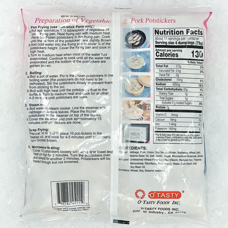 Back packaging of O'Tasty Potsticker Vegetable & Pork, displaying cooking instructions, nutritional information, and ingredients list