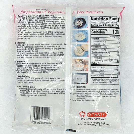 Back packaging of O'Tasty Potsticker Vegetable & Pork, displaying cooking instructions, nutritional information, and ingredients list