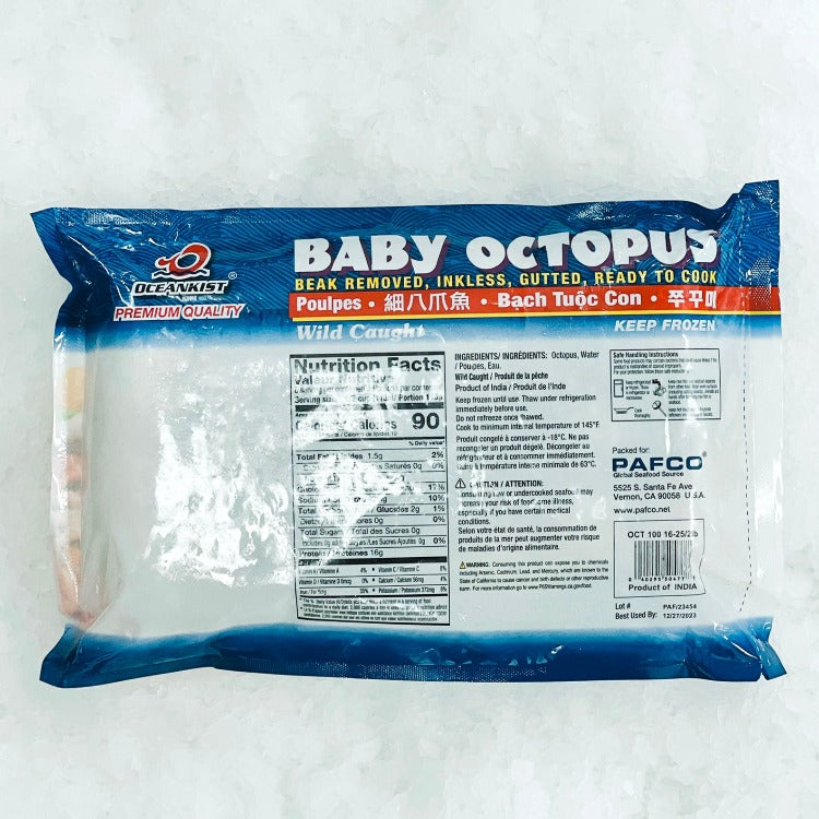 Frozen baby octopus in a vacuum-sealed package, clearly labeled with nutritional information and preparation instructions. Ideal for ensuring freshness and quality in seafood dishes
