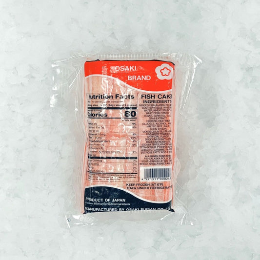 Back of Osaki Brand Fish Cake packaging showing nutritional information and ingredients. Contains 17.6 oz (500g) of fish cake sticks, made in Japan