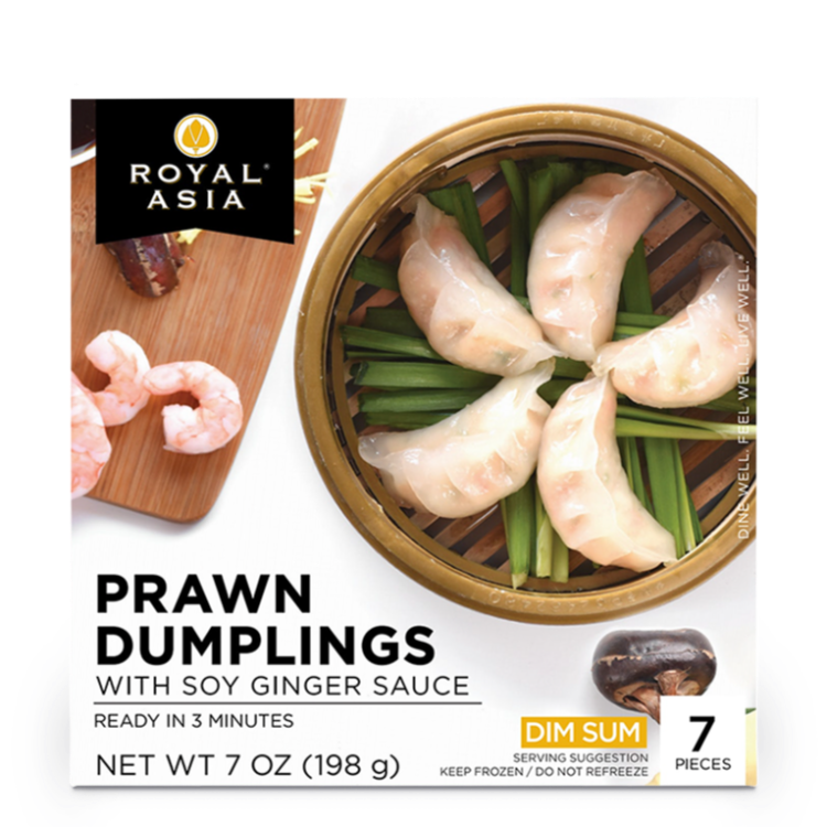 Royal Asia prawn dumplings with soy ginger sauce packaging, displaying a serving suggestion with dumplings and prawns