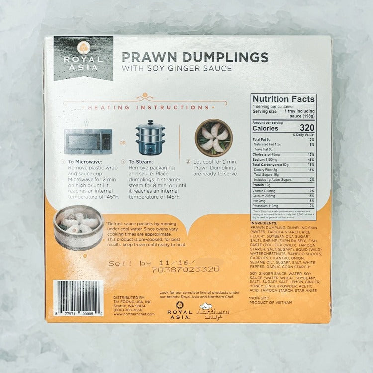 Back view of Royal Asia prawn dumplings with soy ginger sauce packaging, showing heating instructions and nutritional facts