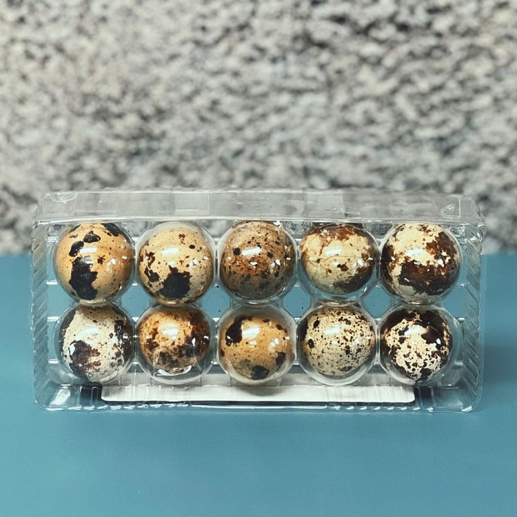 Carton of fresh quail eggs, neatly arranged in a clear plastic container. Ideal for adding a delicate touch to dishes and recipes