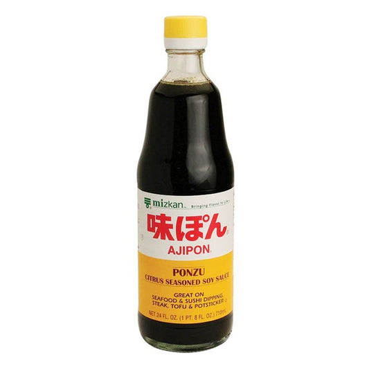 Mizkan Ajipon Ponzu Citrus Seasoned Soy Sauce - 24 fl oz bottle. Perfect for seafood, sushi, steak, tofu, and potstickers. A versatile Japanese dipping sauce with a zesty citrus flavor