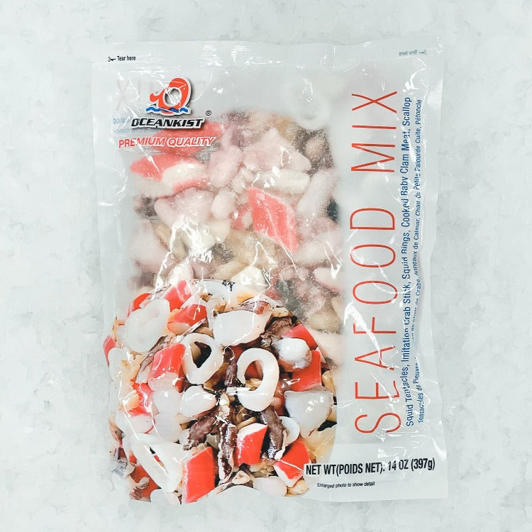 Packaging of OceanKist Premium Quality Seafood Mix with Squid Tentacles, Imitation Crab Stick, Squid Rings, and Scallop