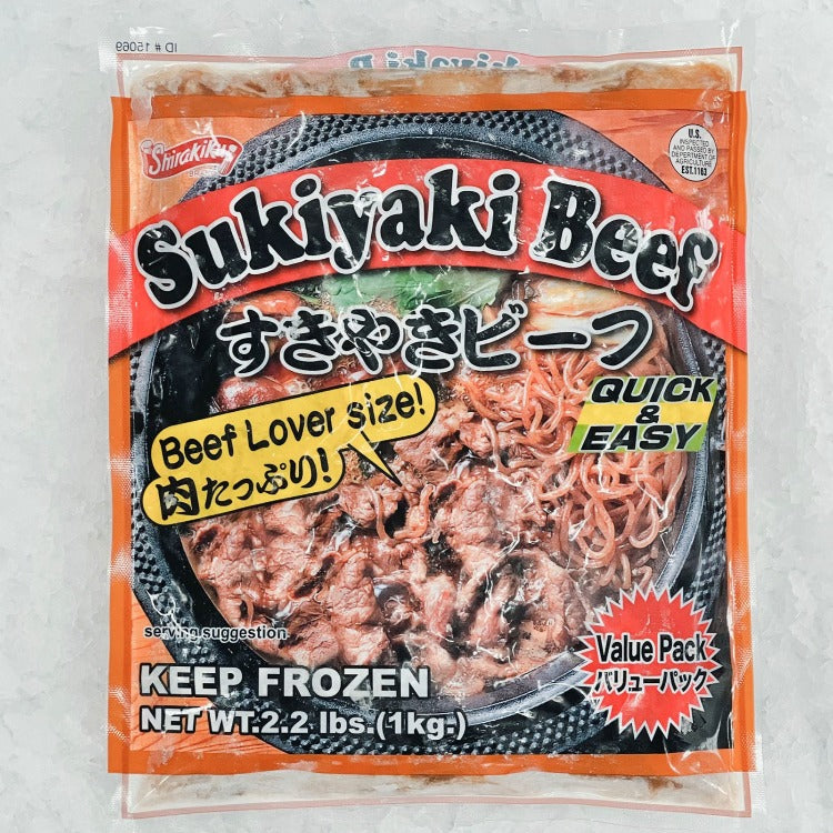 Shirakiku Sukiyaki Beef value pack, beef lover size. Quick and easy to prepare, keep frozen. Net weight 2.2 lbs (1 kg)
