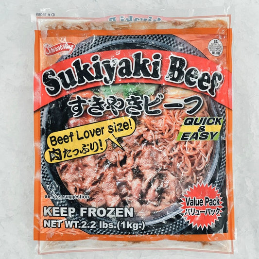 Shirakiku Sukiyaki Beef value pack, beef lover size. Quick and easy to prepare, keep frozen. Net weight 2.2 lbs (1 kg)