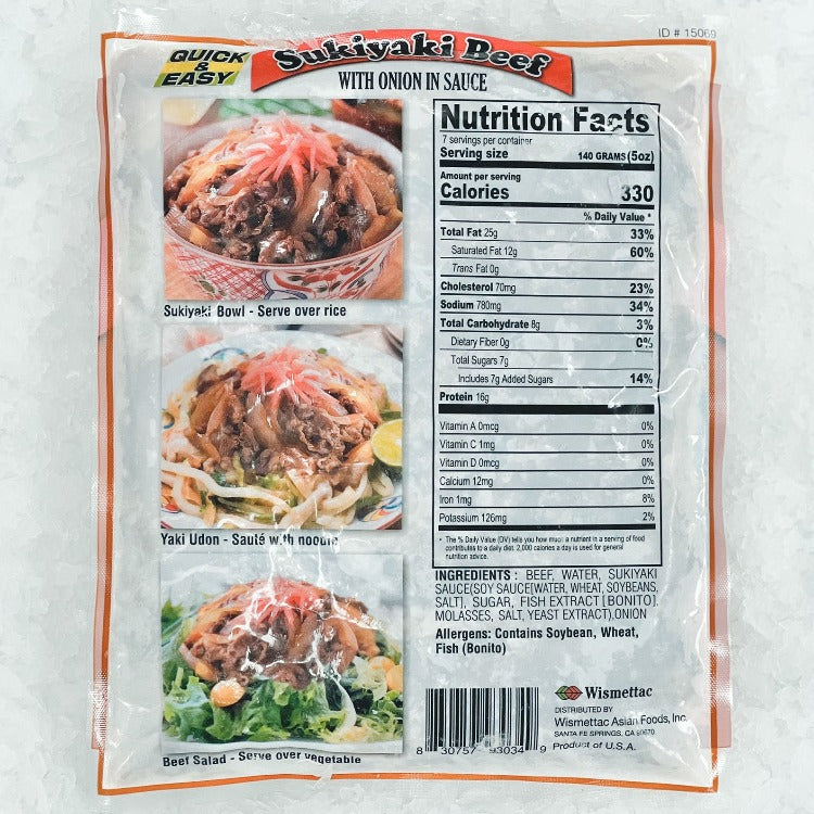 Shirakiku Sukiyaki Beef packaging showing nutritional facts and serving suggestions. Ideal for quick and easy meals, featuring sukiyaki bowl, yaki udon, and beef salad options