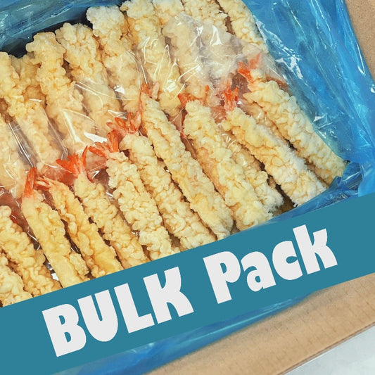 Bulk pack of breaded shrimp for tempura, neatly arranged in a blue plastic-lined box