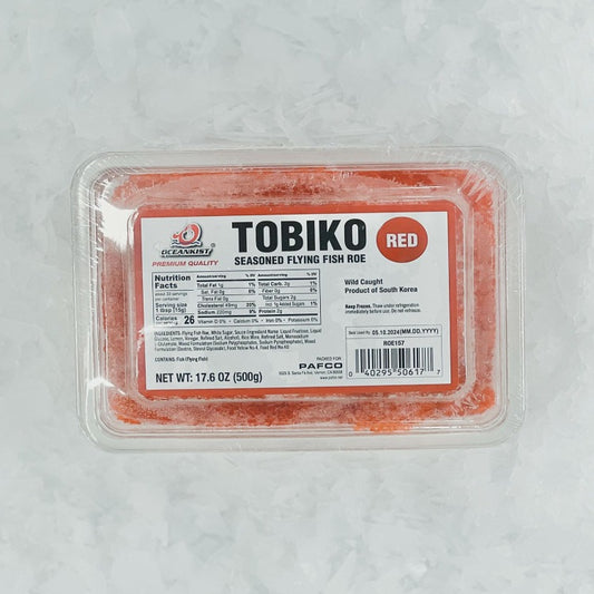 Package of Tobiko Red Seasoned Flying Fish Roe, featuring the product label, nutritional information, and a clear view of the red roe inside