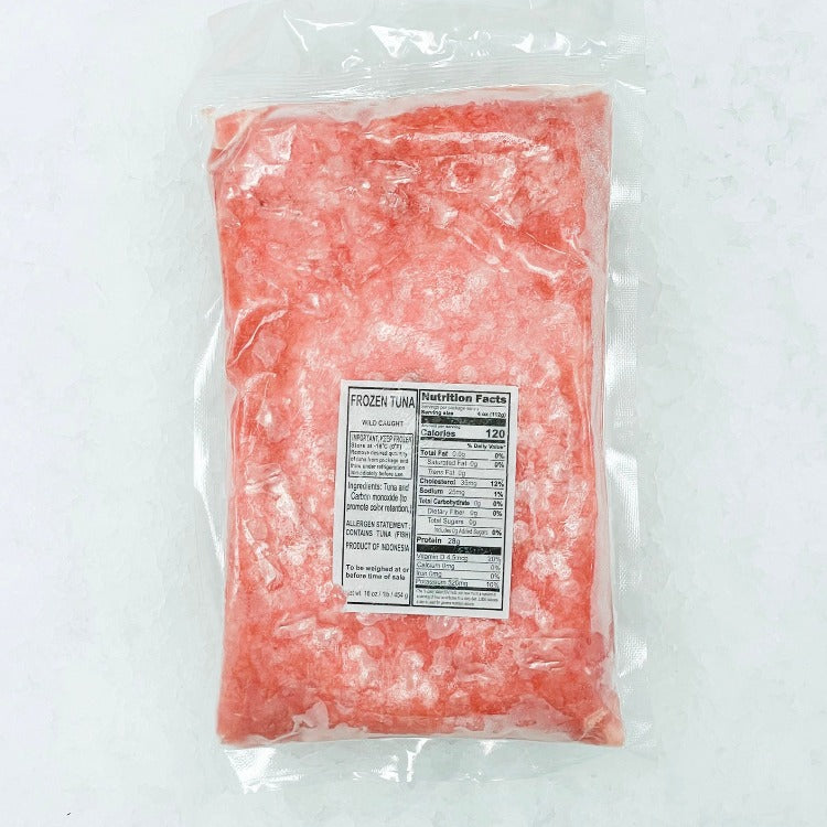 Another view of the frozen ground yellowfin tuna package featuring a label with nutritional information. The packaging provides essential details like calorie content and ingredients, emphasizing the product's readiness for culinary use