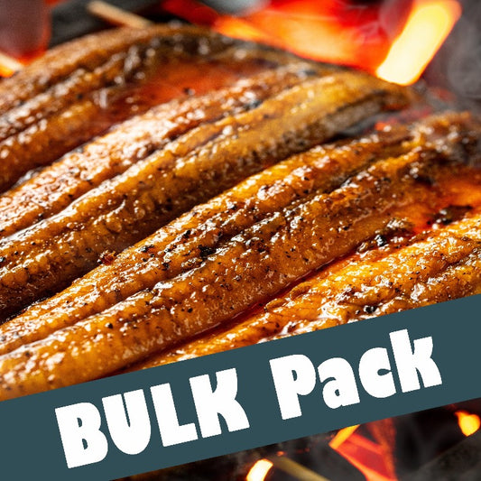 Close-up view of grilled eel fillets, glazed with a savory sauce and cooked to perfection. The image highlights the succulent, caramelized texture of the eel. Text overlay reads 'BULK Pack' indicating a larger quantity packaging option