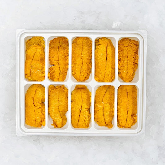 Transparent container filled with natural sea urchin roe Uni pack