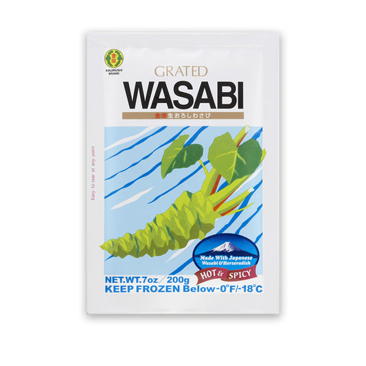 Pack of grated wasabi with colorful design, emphasizing its Japanese origin and hot and spicy flavor, perfect for sushi and sashimi.