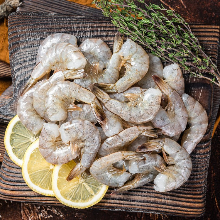 Frozen Raw White Shrimp Headless Shell-On on White Plate