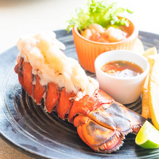 Grilled lobster tail elegantly served on a dark ceramic plate, accompanied by salad, dipping sauce, and lemon wedges, highlighting its vibrant red shell and succulent white meat