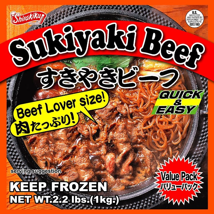 Close-up of Shirakiku Sukiyaki Beef packaging, highlighting the beef lover size and quick and easy preparation. Perfect for sukiyaki dishes