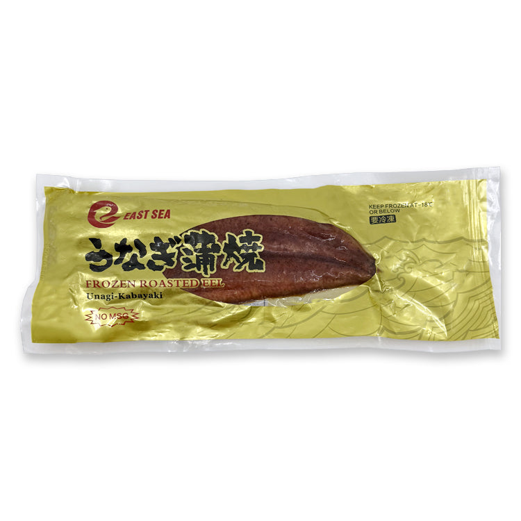 Packaged frozen roasted eel (Unagi Kabayaki) in a vacuum-sealed bag, highlighting its premium quality and ready-to-cook convenience.