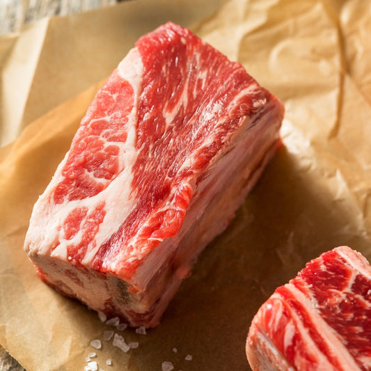 This image shows a close-up of a single raw beef short rib, placed on butcher paper with coarse salt scattered around it. The meat has vibrant red coloring and intricate marbling, indicating freshness and quality