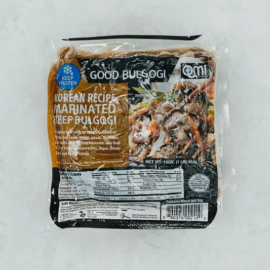 Packaging of Good Bulgogi Korean Recipe Marinated Beef Bulgogi. Contains 16oz (1lb) of marinated beef bulgogi, ready to cook and enjoy for a delicious Korean BBQ experience.