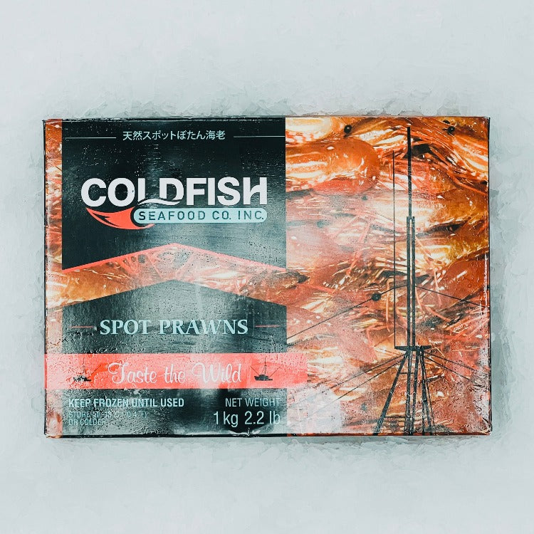 Front view of Coldfish Seafood Botan Ebi (spot prawns) packaging, showcasing the brand and product details