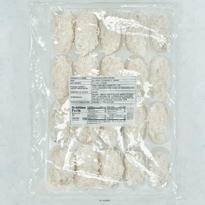 This image shows a package of frozen breaded oysters, neatly arranged and visible through the transparent plastic. The label includes details such as the commodity name, size, ingredients, nutritional facts, and country of origin, which is Japan