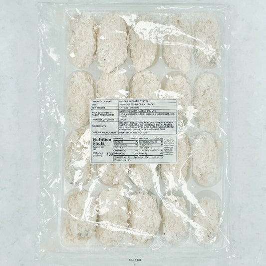 This image shows a package of frozen breaded oysters, neatly arranged and visible through the transparent plastic. The label includes details such as the commodity name, size, ingredients, nutritional facts, and country of origin, which is Japan