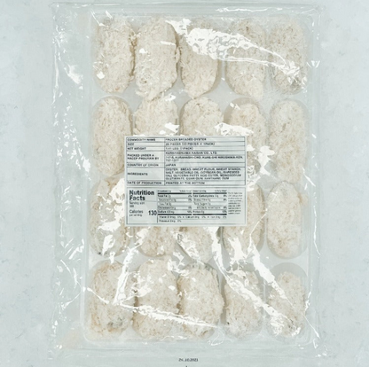 Packaged breaded oyster with a clear plastic wrap on a light iced background