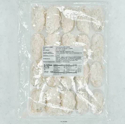 Packaged breaded oyster with a clear plastic wrap on a light iced background