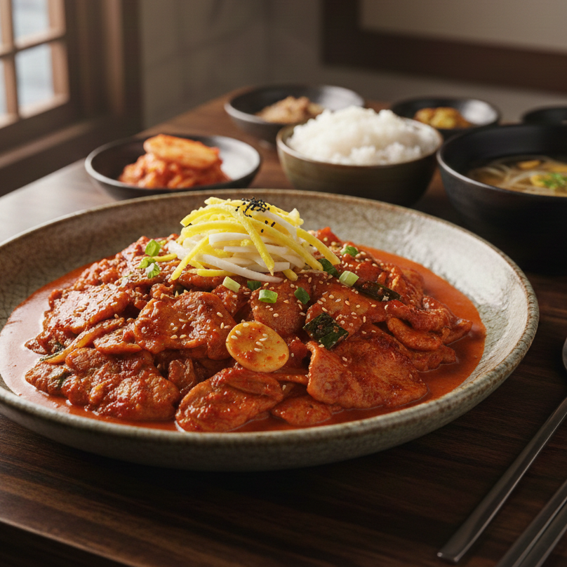 Plated dish of red sauce with vegetables on a wooden table, surrounded by other dishes.