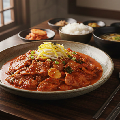 Plated dish of red sauce with vegetables on a wooden table, surrounded by other dishes.